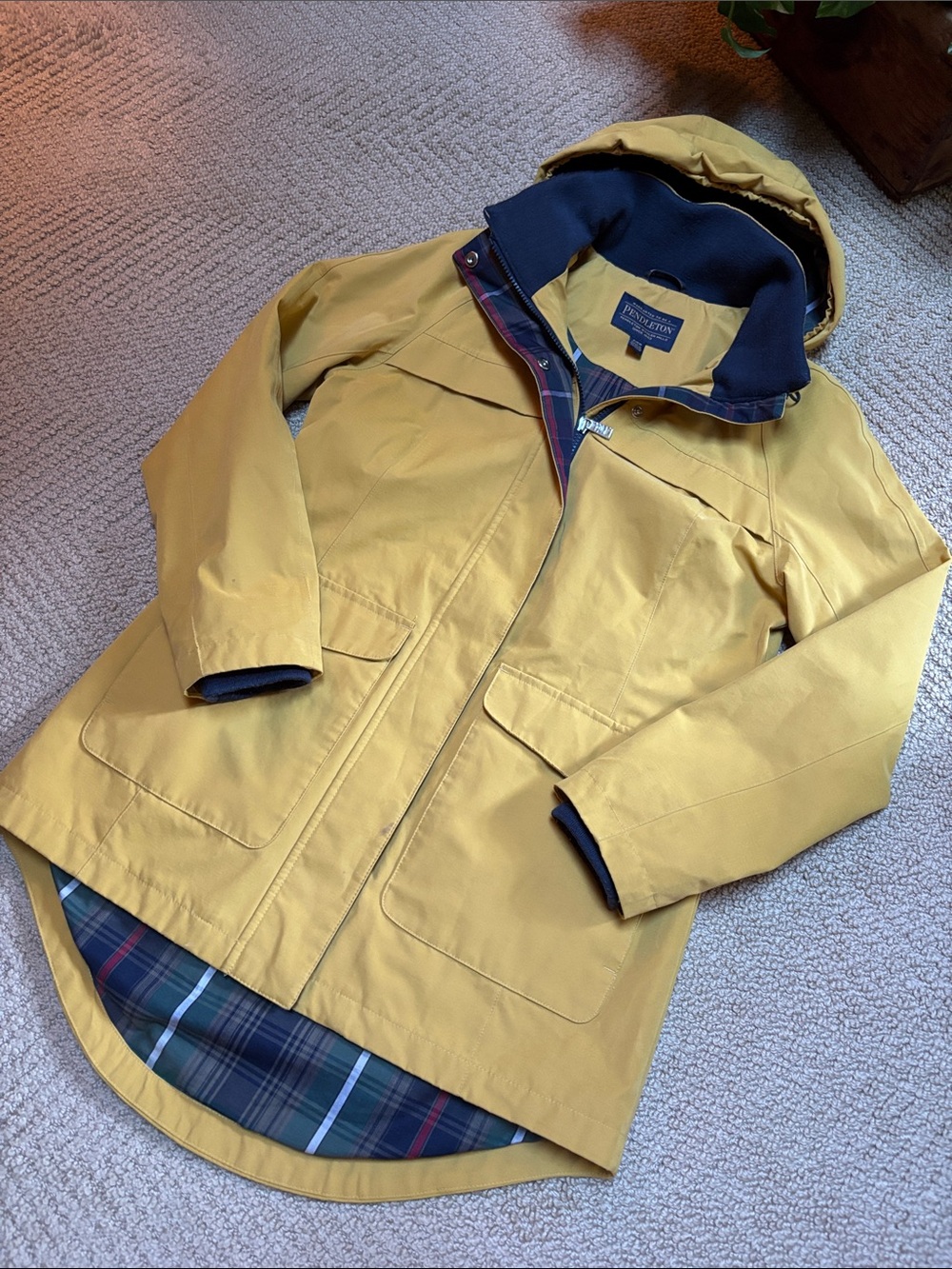 Pendleton Yellow Hooded Raincoat with Tartan Trim